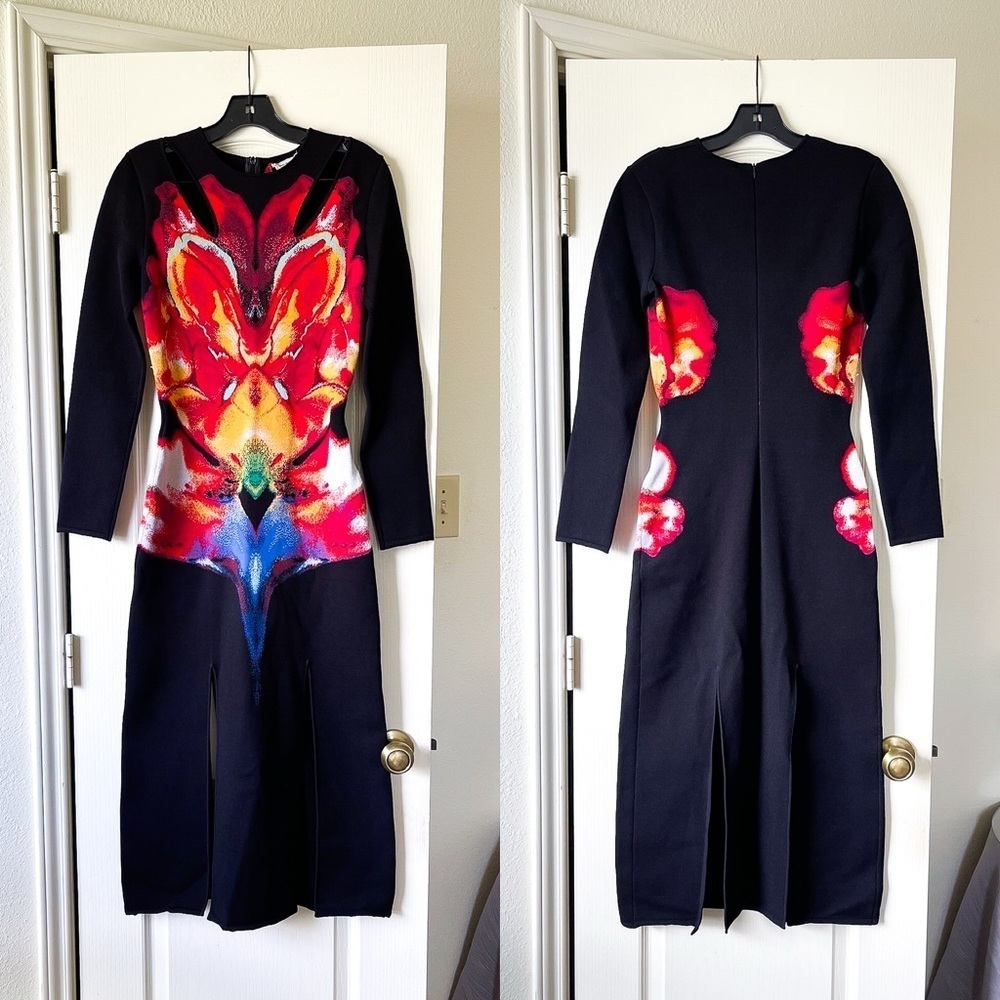 Alexander McQueen Orchid Jacquard Midi Dress Cutouts Medium Black Red Yellow NWT - Picture 2 of 15